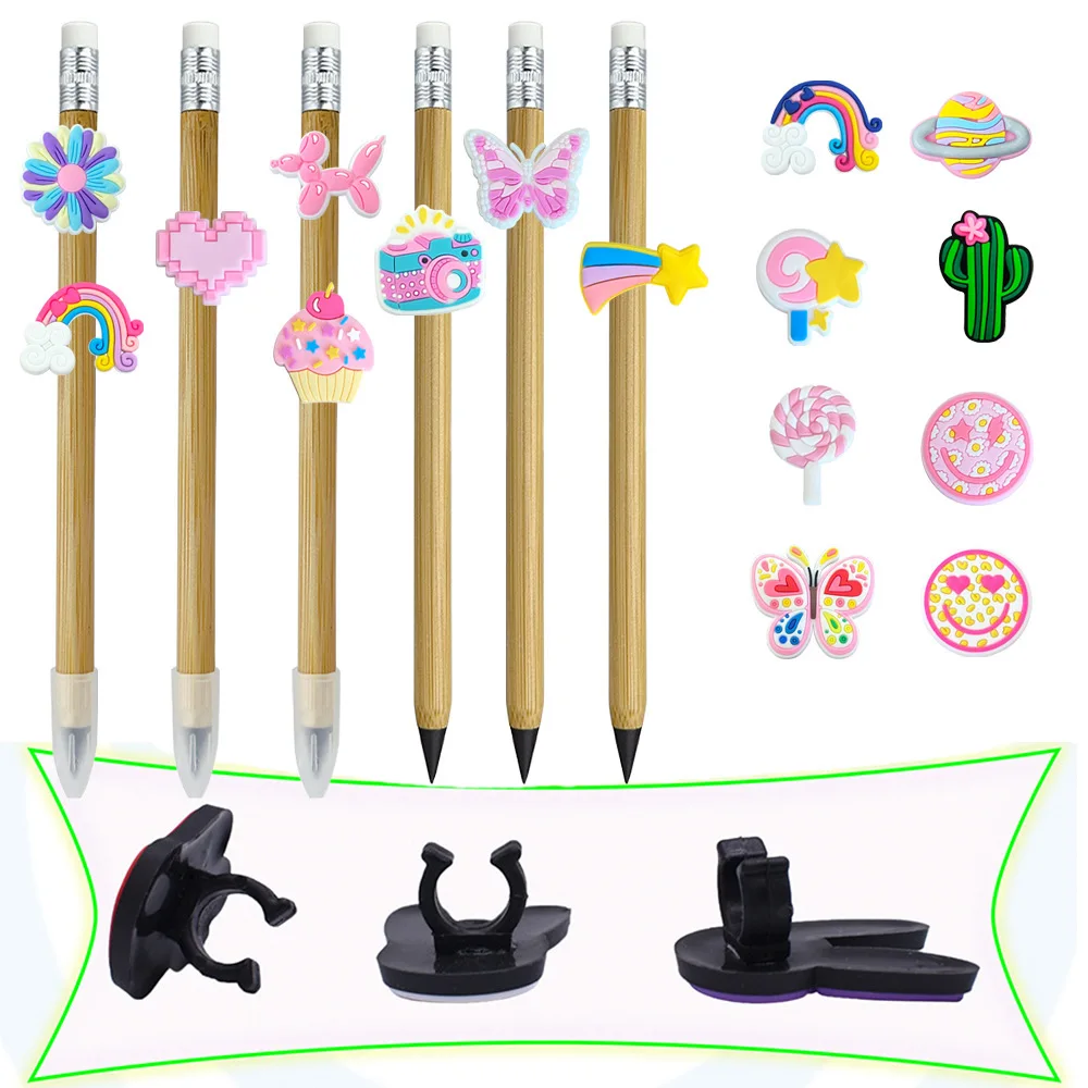 Kawaii Pastel PVC Pencil Topper Charms Rainbow Butterfly Planet Lollipop Detachable Pencil Decor Gift Stationery DIY Accessories