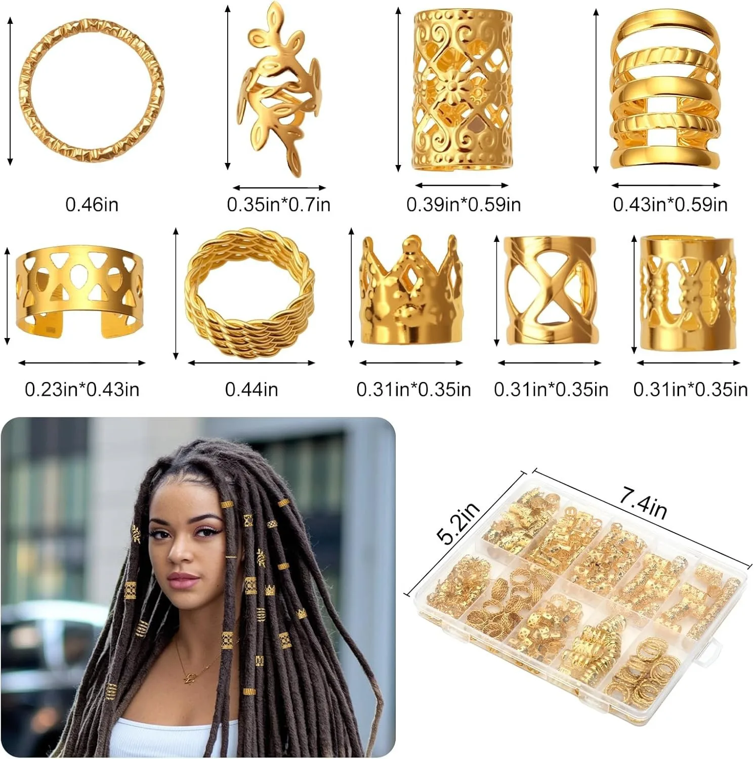 

220PCS Metal Dreadlock Braid Rings Set for Women Girls Loose Hair Accessories Hollow Beads Vintage Decor Portable Premium
