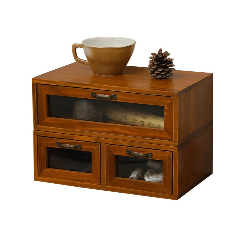 Chinese solid wood drawer type retro debris storage rack desktop storage box Cosmetics office desk storage rack