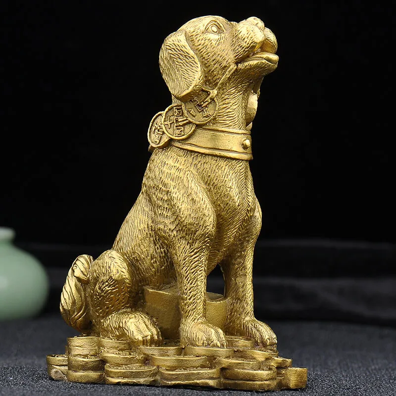 13cm Chinese Brass Feng Shui Coin Dog Statue Auspicious Wealth Zodiac Animal