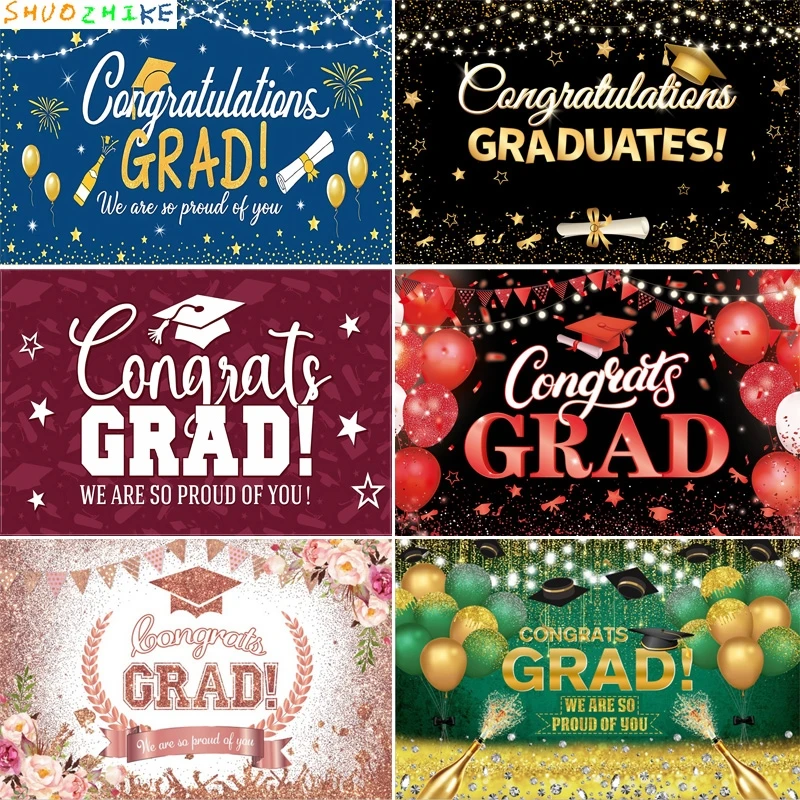 

Black Gold Graduation Background Grad Ceremony Party Decorations Bachelor Hat Glitter Balloons Class Photography Backdrops JM-02