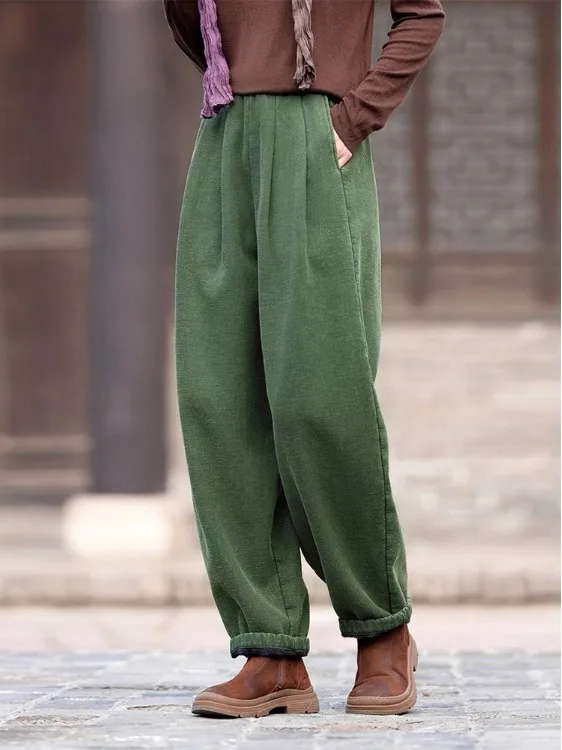 Authentic Thickened Cotton Linen Pants Autumn Winter Leisure Retro Style Trousers Fleece Lined Carrot Shape Women's Jeans