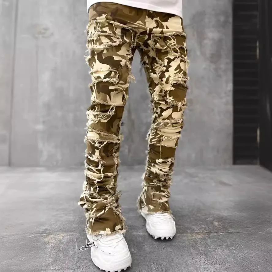 Men's Pants Stretchy Denim Jeans Street Tearing Holes Ripped Denim Elastic Waist Pants Slim Fit Patch Denim Straight Leg Pants