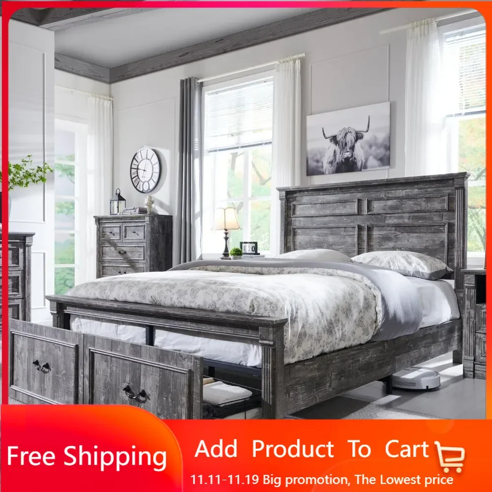 

Queen Size Bed Frame with 51" Tall Headboard, Wood Platform Bed Frame with 20" Tall Roman Column Decoration Footboard