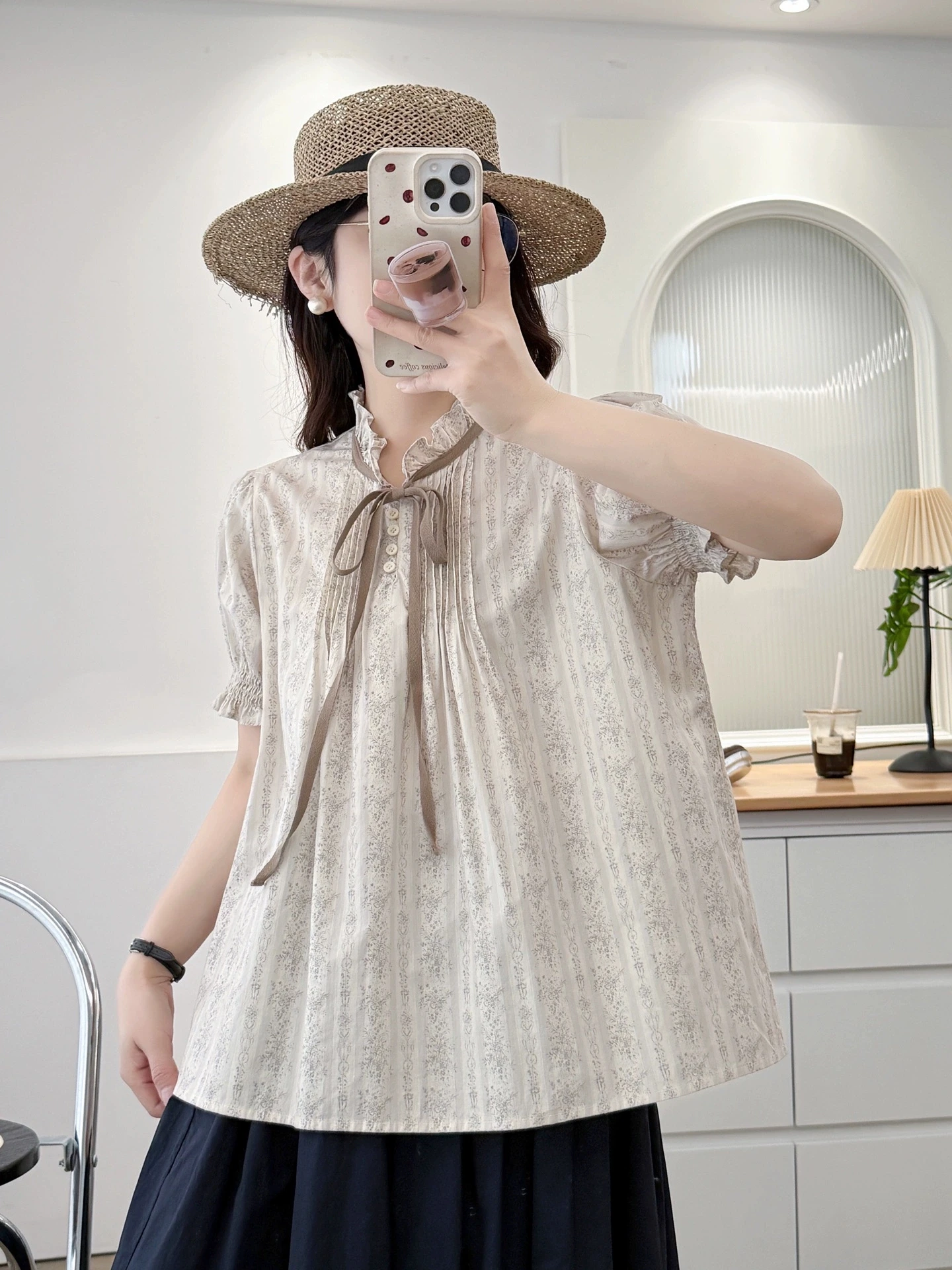 ใหม่2025ฤดูร้อนผ้าฝ้ายพัฟแขนเสื้อผู้หญิงยืนพิมพ์Lace-Up, Moriสาวภาษาฝรั่งเศสคําVINTAGE Casualหลวมเสื้อt55818CC