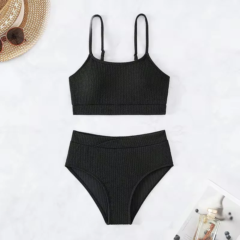 

Sexy Solid Black Bikini 2024 Mujer High Cut Women's Swimsuit Separate Beach Bathing Suit High Waist Swimwear Biquini New