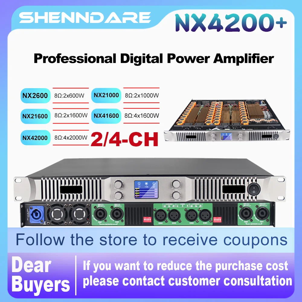 Amplificador de potencia de audio digital ShennDare NX42000, 4 x 2000 W, 2/4 canales, subwoofer para DJ, 2 altavoces de matriz de línea de clase D de 1800 W, amplificador de sonido profesional para escenarios