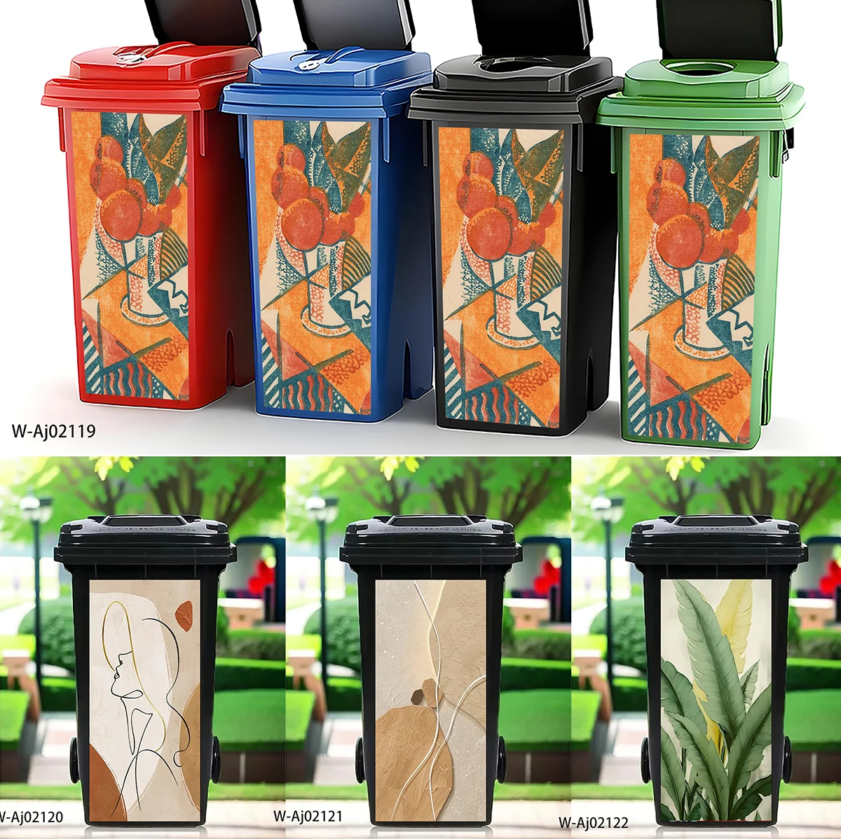 Boho Abstract Wheelie Bin Stickers Removable Waterproof PVC Cabinet Decals Geometric Plant Dustbin Outdoor Garden Kitchen Decor