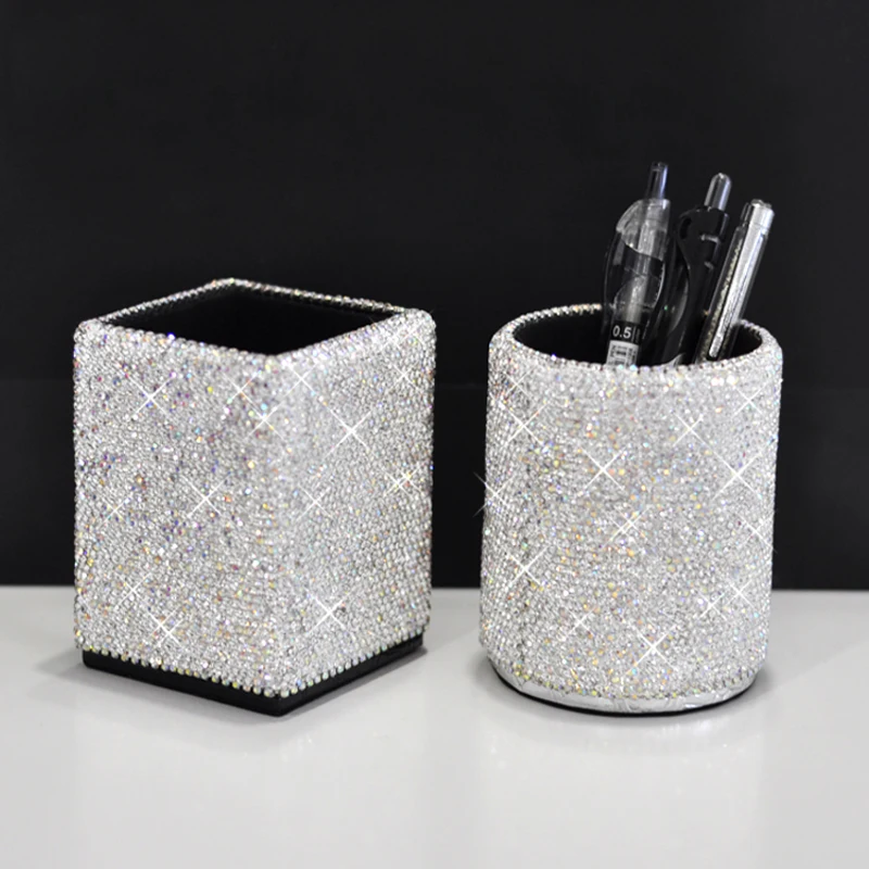 Display Stand Comb Brush Cosmetic Shiny Rhinestone Pen Holder Stationery Storage Box Pen Holder Home Office Gift Round Square