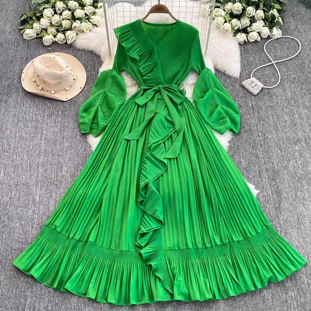 Summer Holiday Miyake Pleated Dress Women's V-Neck Long Lantern Sleeve Lace Up Elastic Oversized Ruffles Boho Robe Loose Vestido