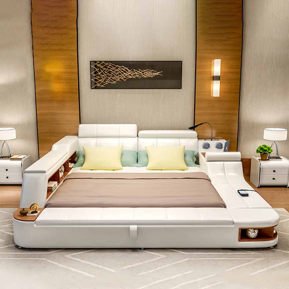 All In One Bed, Luxury Tech Smart Ultimate Bed Frame, Genuine Leather Multifunctional Upholstered Platform Bed with Storage