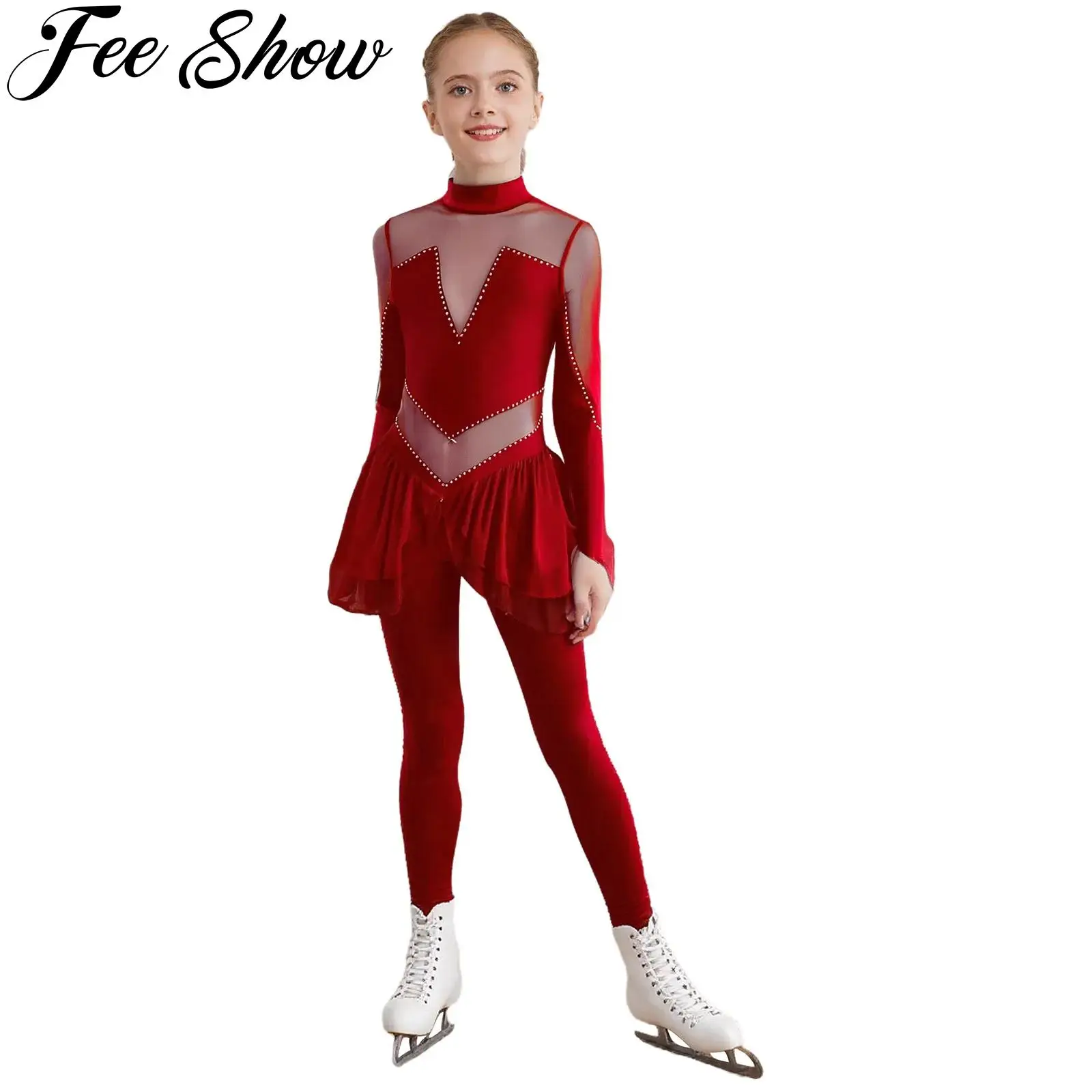 

Girls Figure Skating Gymnastics Performance Costume Shiny Rhinestones Long Sleeve Sheer Mesh Yoga Ballet Dance Leotard Unitards