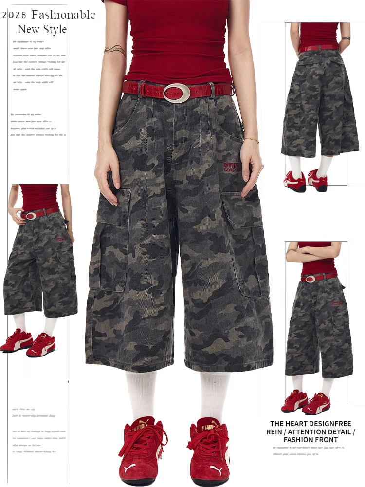 Retro Amerykańskie Spodnie Damskie Letnie Luźne Szerokie Nogawki Siedem-Osiem Długości Wysoki Stan Zapinane na Zamek Casualowe Jednolite Kolorystycznie Jeansowe