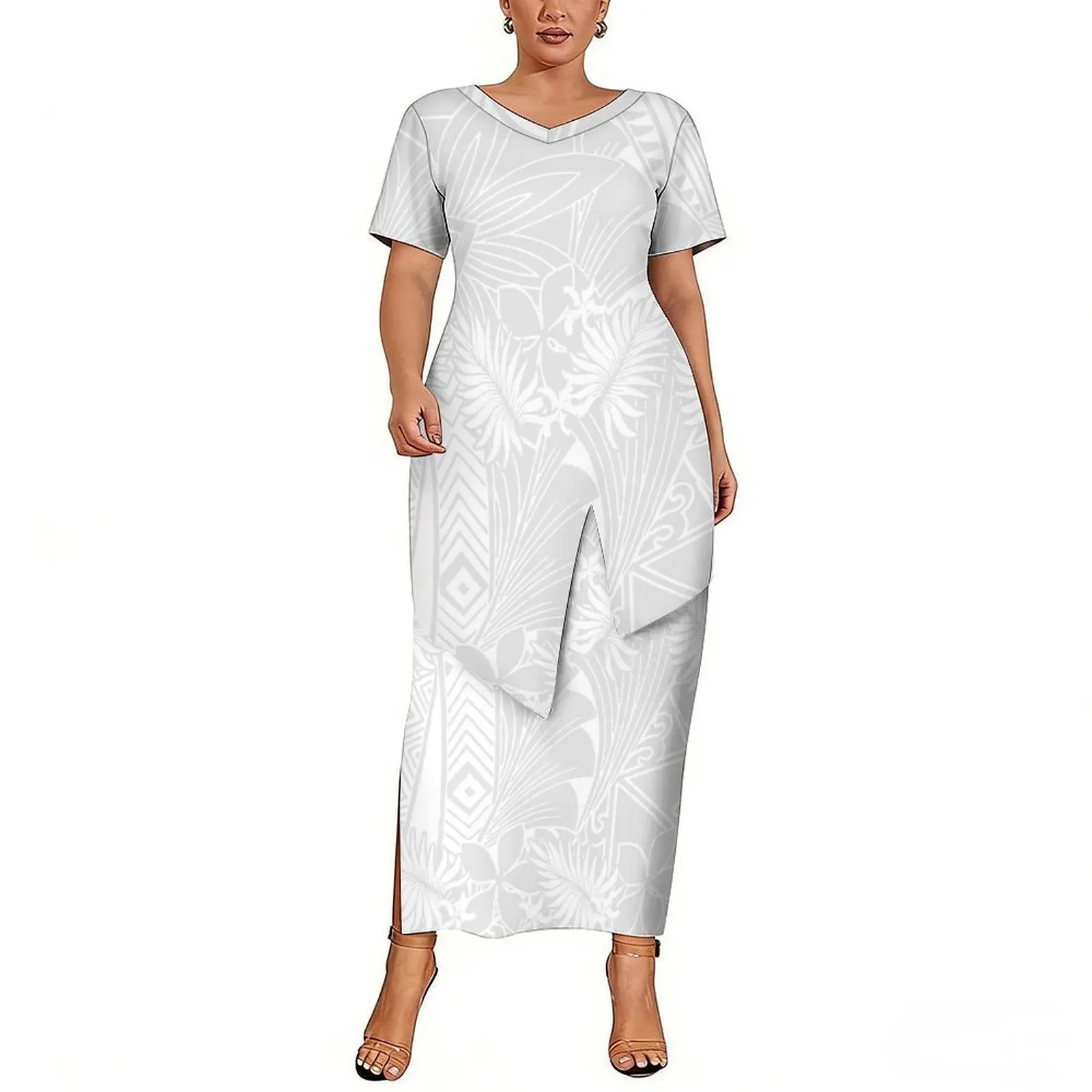 Two-Piece Polynesian Long Skirt Short-Sleeved Round-Neck White Puletasi Samoan Island Mother'S Festival Dress