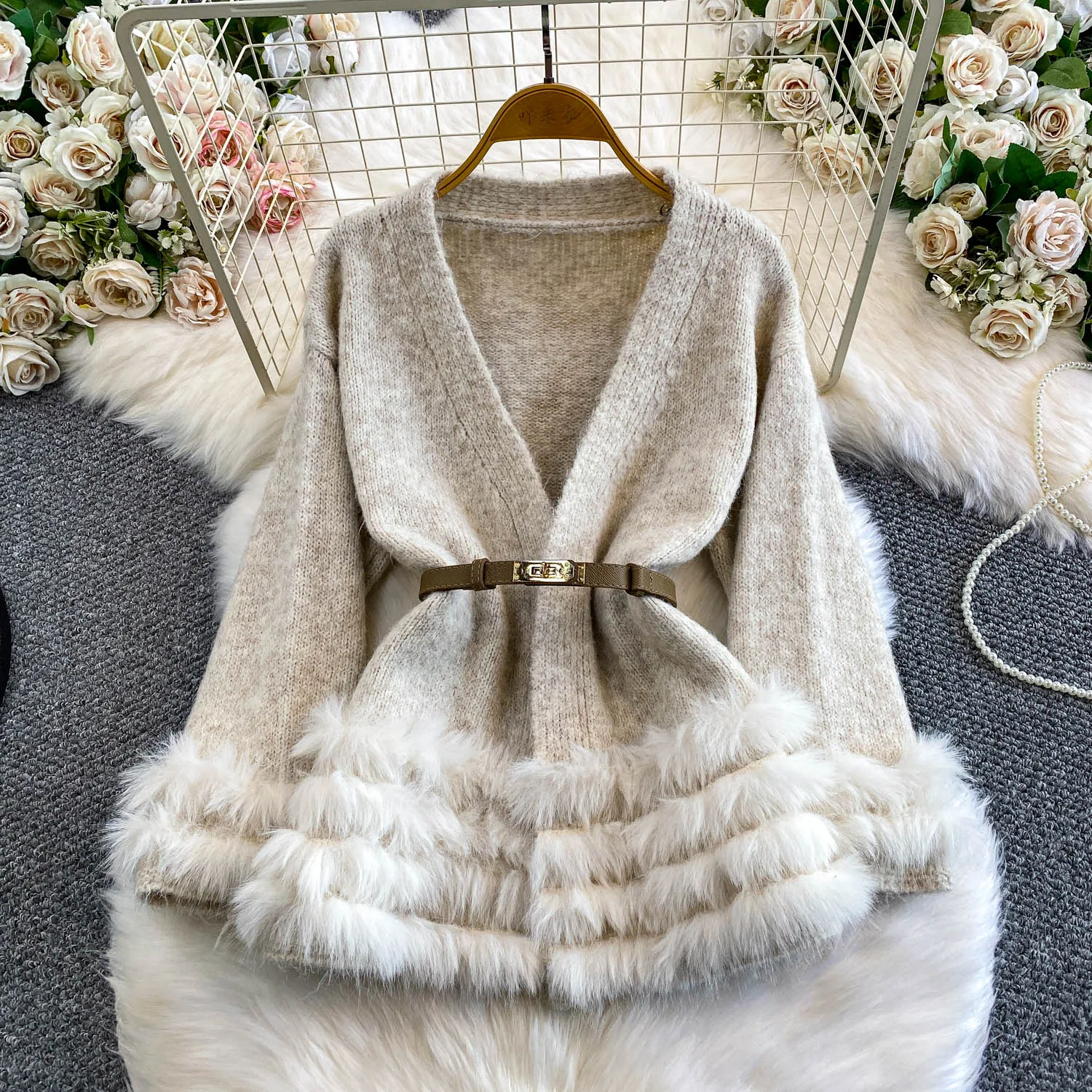 

SuperAen Mid-length Women's Winter New Fur Long-sleeved Coat Lace-up Waist Slimming V-neck Elegant Sweaters