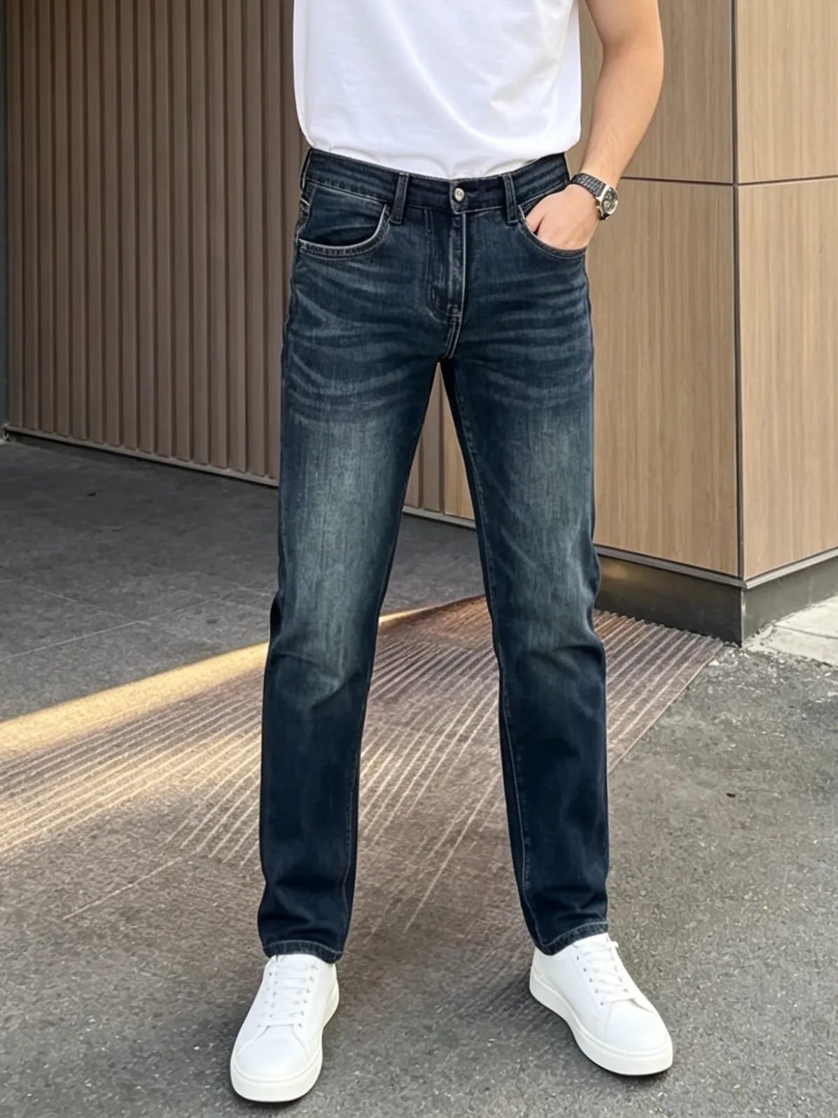 【HME】Men's Jeans | Classic Dark Wash Denim Pants For Men, Natural Cat‑Whisker Faded Denim Jeans, Durable Solid Male Denim Trousers, Standard Five‑Pocket Design Denim Bottoms, Wear‑Resistant Denim Wear For Daily Casual And Commuting Occasions