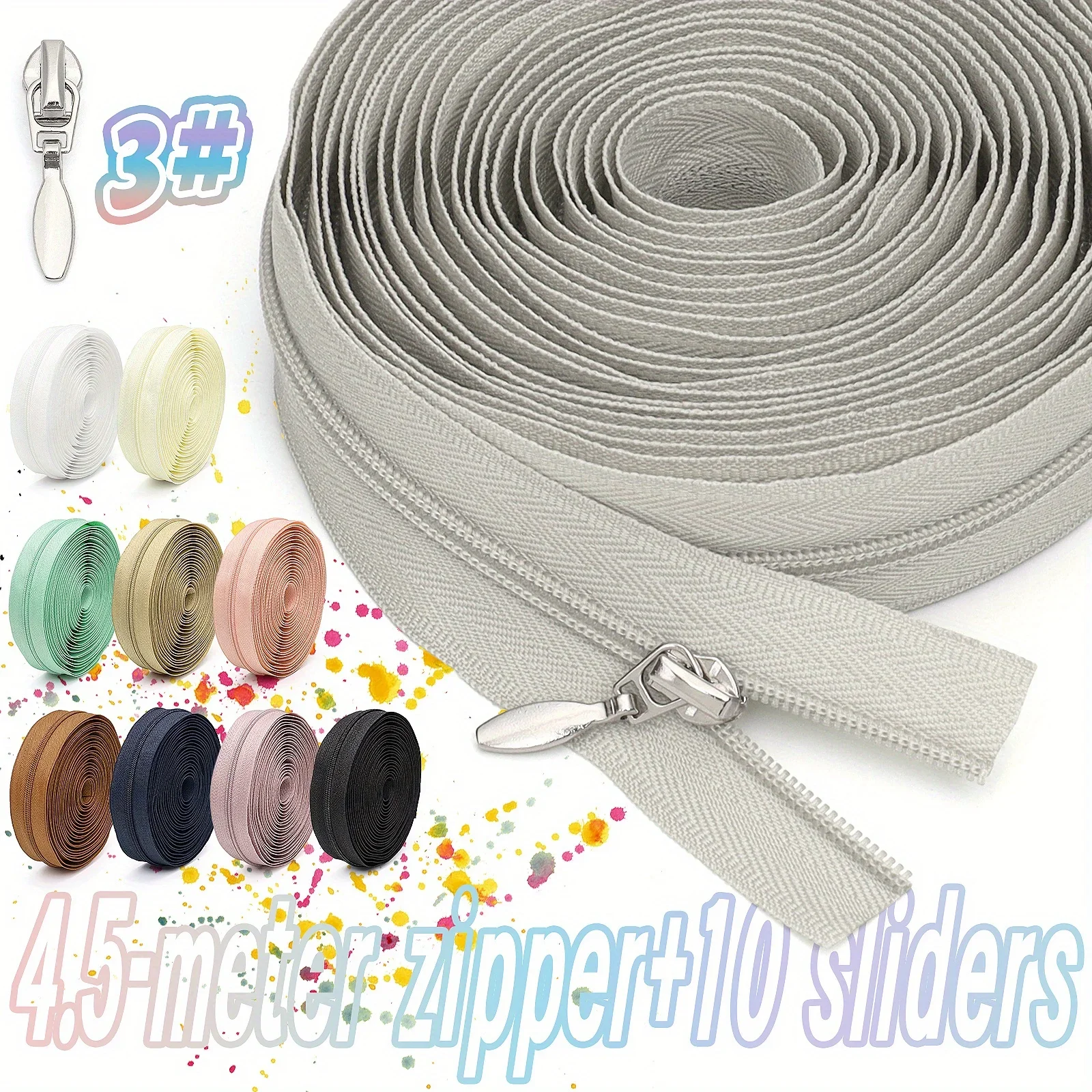 1 jeu, fermeture éclair de 5/4,5 mètres, avec 10 têtes de fermeture éclair argentées, 3 # fermeture éclair en nylon, disponible dans une variété de couleurs