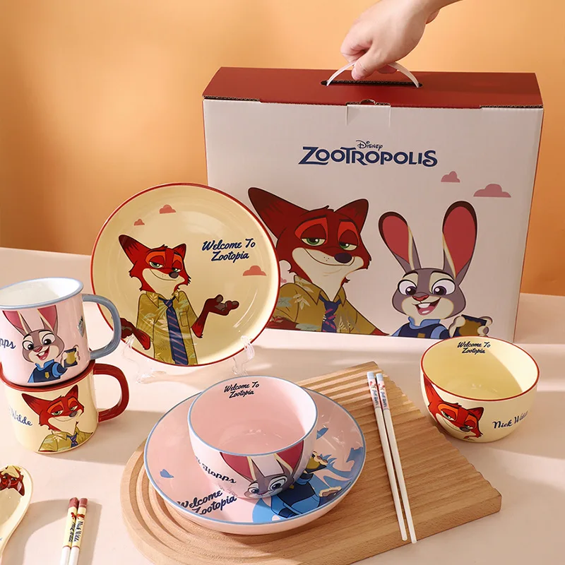 Kawaii Disney Zootopia Anime Hobby Judy Hopps Nick Wilde Cartoon Ceramic Mug Breakfast Bowl Snack Plate Spoon