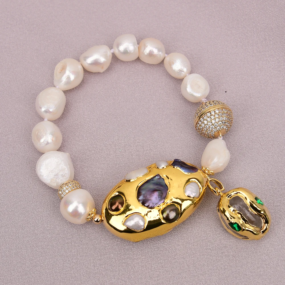 G-G Cultured White Baroque Pearl Black Keshi Pearl Bracelet Clear Quartz Charms