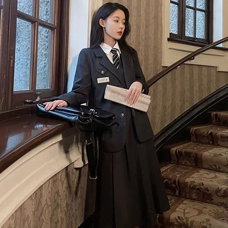 Feminino estilo preppy conjunto 2024 outono nova roupa de três peças camisa blazer casaco com vestido plissado fino elegante terno cinza escuro