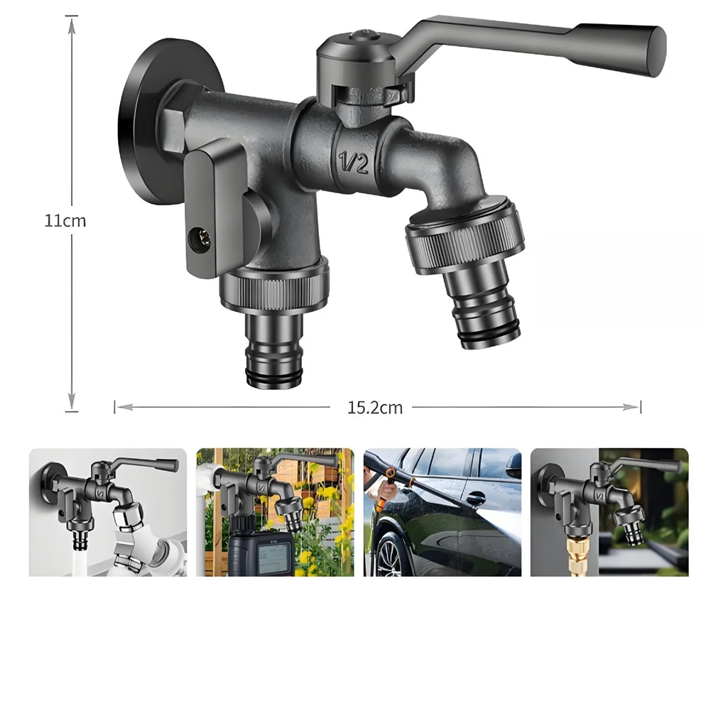 Outdoor Water Tap Faucet 1 Inlet 2 Outlet Garden Hose Faucet  Zinc Alloy Wall Mounted Outdoor Faucet Garden Water Pipe Faucet view 5
