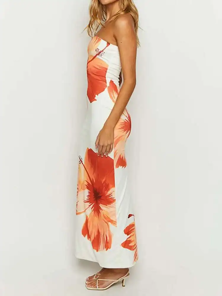

Print Strapless Holiday Party Women Summer New Backless Patchwork Maxi Dress, Sleeveless Simple Chic Fashion Ladies Dress