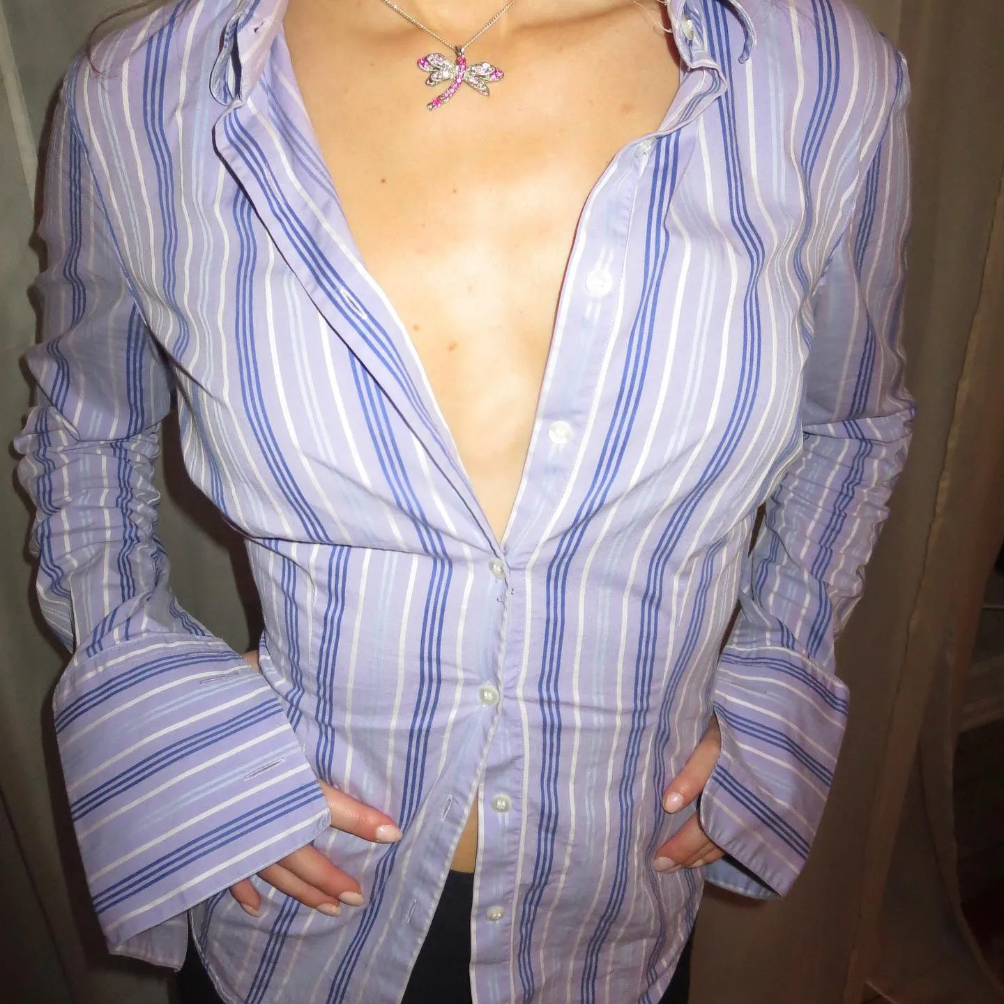

Vintage Preppy Coquette Blouse Women Lapel Collar V Neck Fitted Pinstripe Shirts Office Lady Button Up T-shirt Y2k Crop Tops