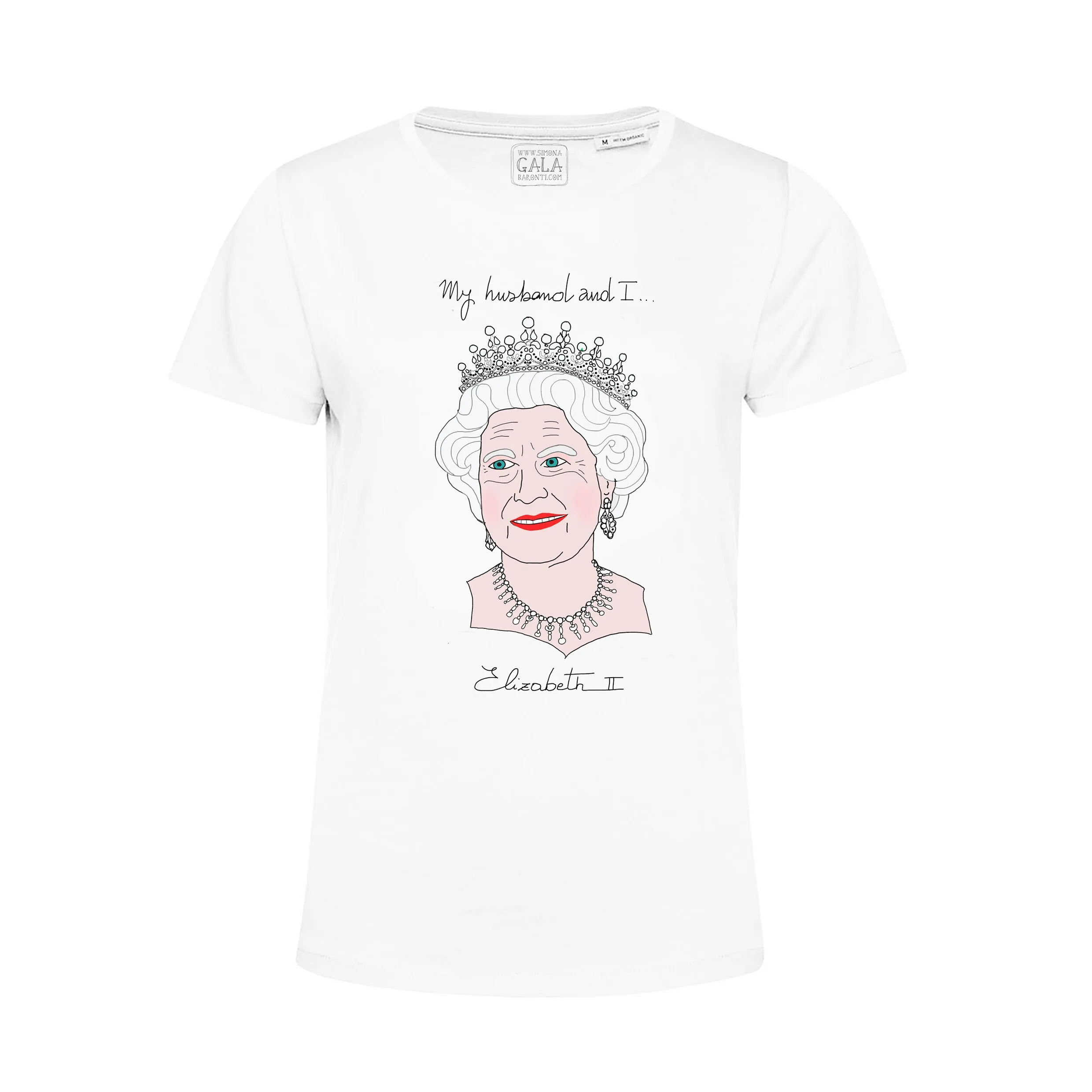 T Shirt Elizabeth II bianca illustrazione Regina uomo donna bambino cotone organico frase motivazionale