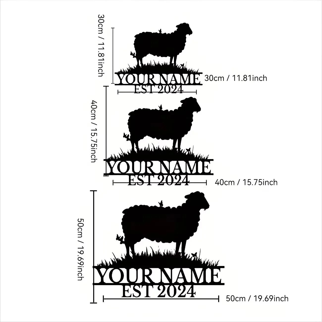 Custom Name And Year Farmhouse Sheep Alpaca Silhouette Metal Wall Decor Sign, Suitable for Farmhouse, Ranch, Farm Decoration