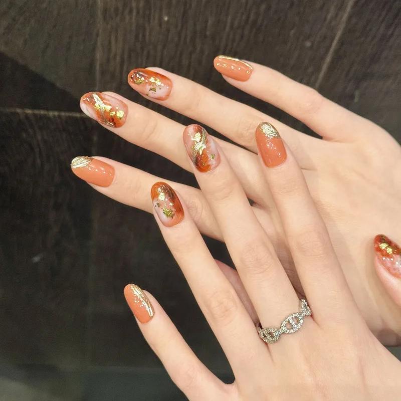 10pcs Hanmade Press on Nails Gold Leaf Gilded Ombre for Autumn and Winter Fake Nail for Women&Girl Removable Wearable False Nail