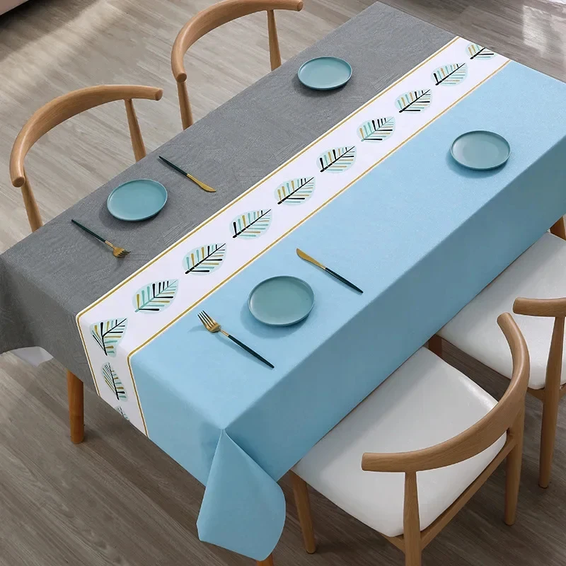 VIKAMA Light Blue Gray Splicing Tablecloth Fresh Leaf Border Waterproof Stain Resistant Rectangular Dining Table Cover