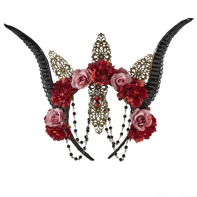 2026 Women Flower Gothic Lolita Crown Halloween Antelope Horns Headband Goth Party Anime G041R view 2