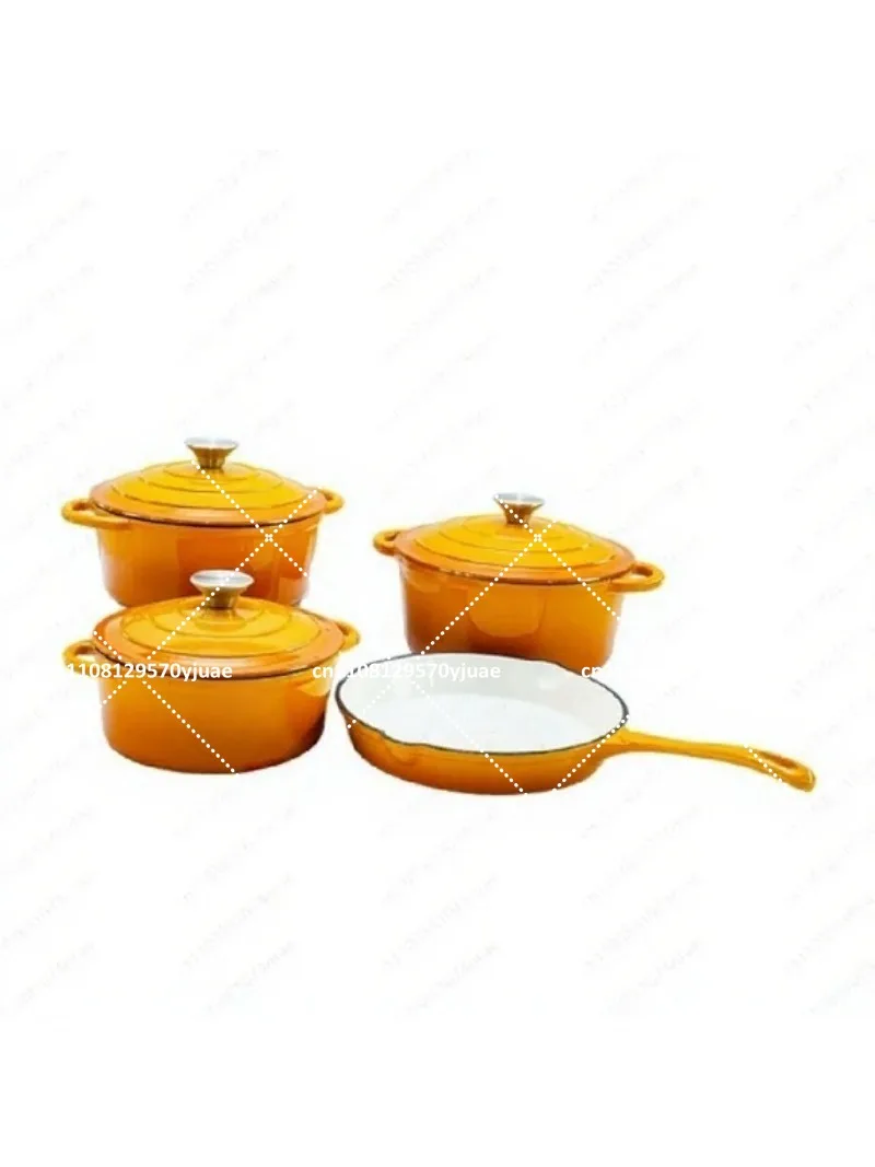 4pcs Enamel Cast Iron Cookware Set Non-Stick Frying Pan and Stew Pot for Home Kitchen