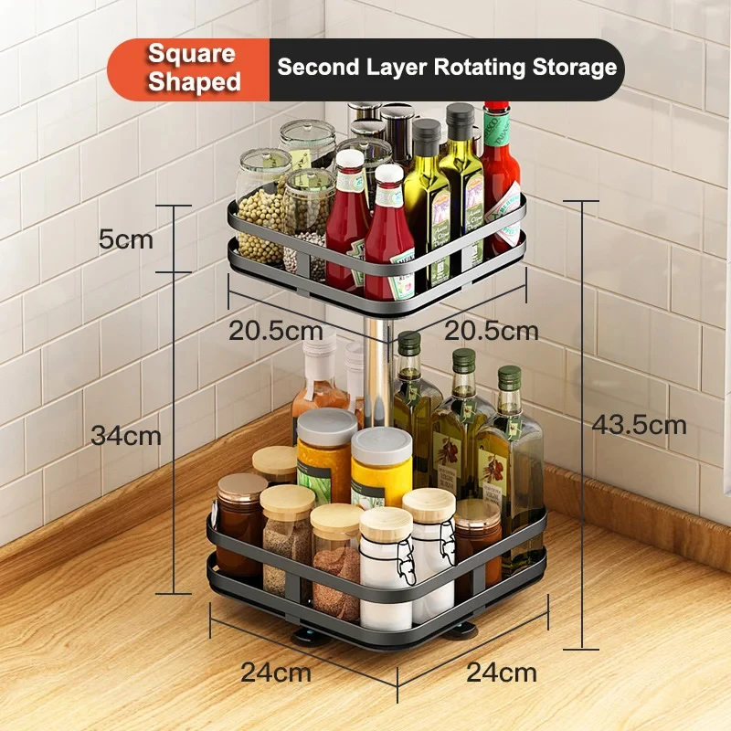 360°Rotation Spice Rack Organizer Non-Skid Carbon Steel Storage Tray for Seasonings and Spices Jar Cans Home Kitchen Accessories
