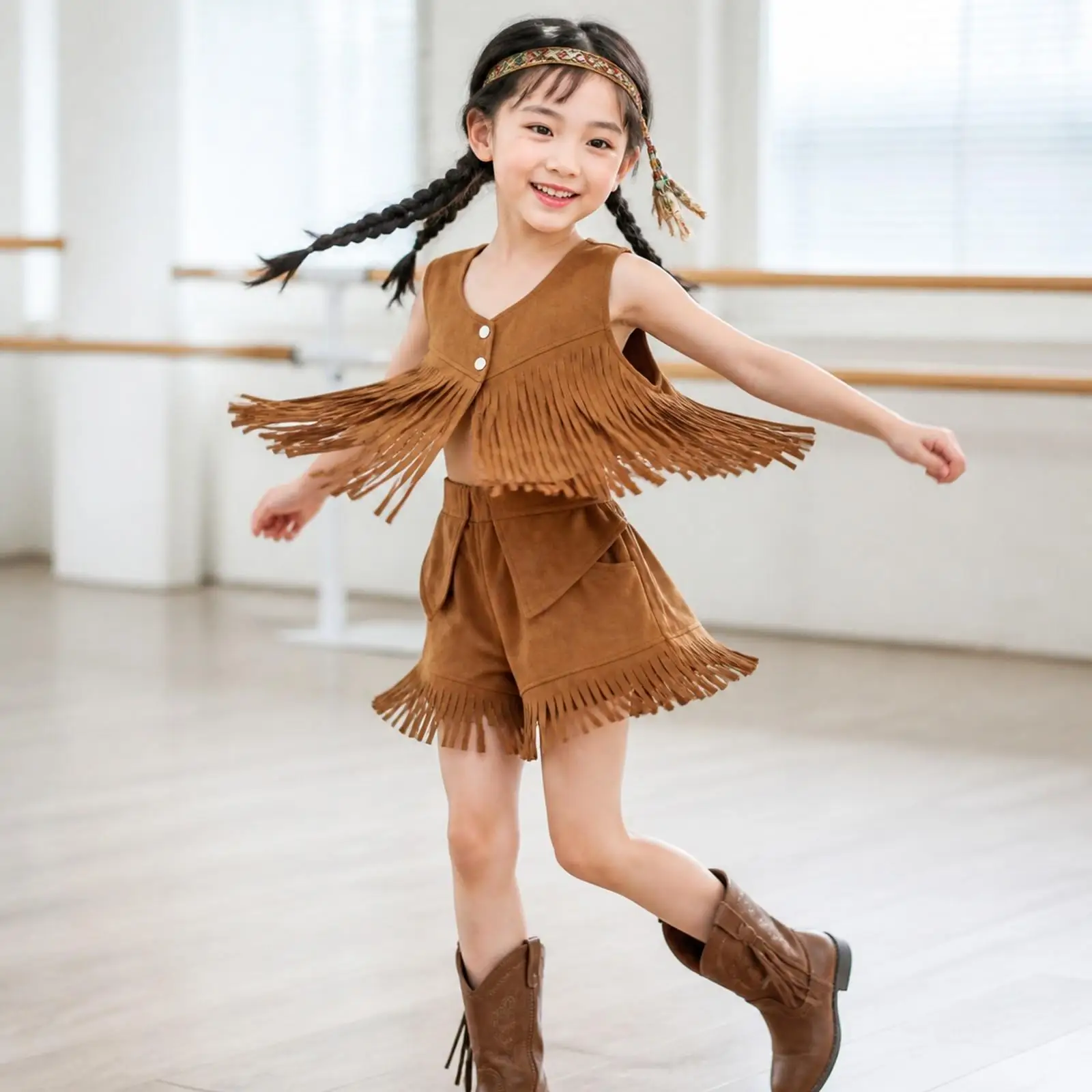 western-fringe-vest-costume-set-brown-kids-western-dress-apparel-soft-fringed-dance-costume-for-child-dancers-festival