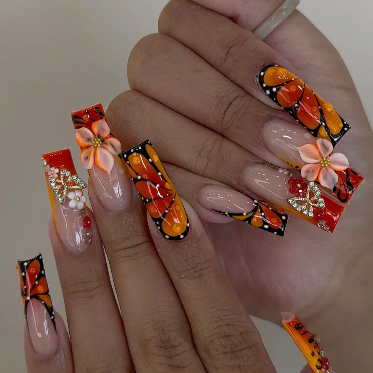 

24Pcs Long Square Head French Press on Fake Nails with 3D Flower Butterfly Rhinestone False Nails Wearable Full Cover Nails Tips