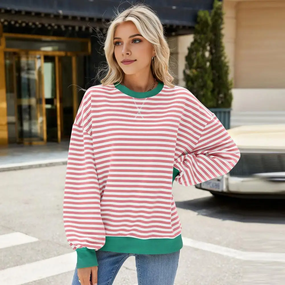 Women Cozy Top Striped Print Women's Sweatshirt with Contrasting Colors Elastic Cuffs Casual Fall Winter Top for Daily Wear