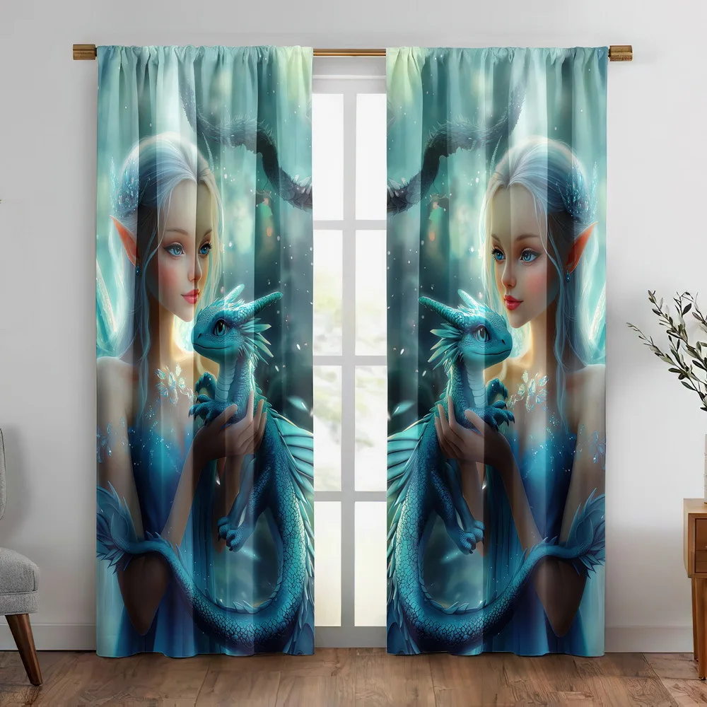Fantasy Elf Girl Curtains, Blue Dragon Print Drapes, Magical Window Treatment for Kids Bedroom Decor, Fairy Tale Style Blackout