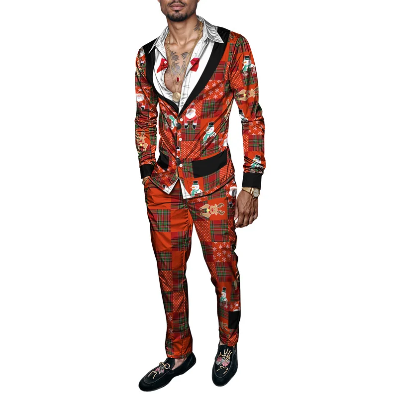 

2025 Spring Men Shirt Set Christmas Print Fashion Gingerbread 2 Piece Set Mens Snowman Lightweight Party Long Sleeve Ropa Hombre