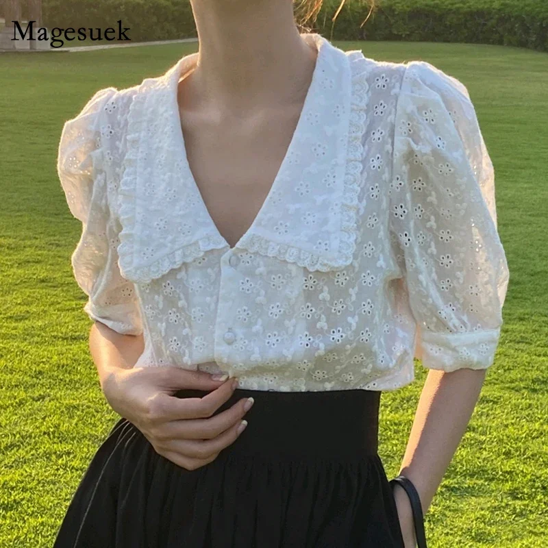 Summer Hollow Out Women Shirt Fashion Short Sleeve Peter Pan Collar Solid Loose Tops Puff Sleeve White Blouse