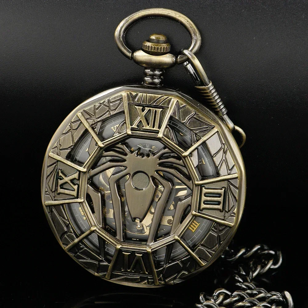 Vintage Sipder Hollow Mechanical Pocket Watch Pendant Chain Clock Man Roman Numerals Display Half Hunter Antique Timepiece Gift