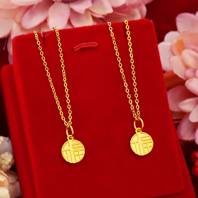 

Light luxury fashion women's 9999 24K real gold antique style plaque lucky character necklace lucky character pendant