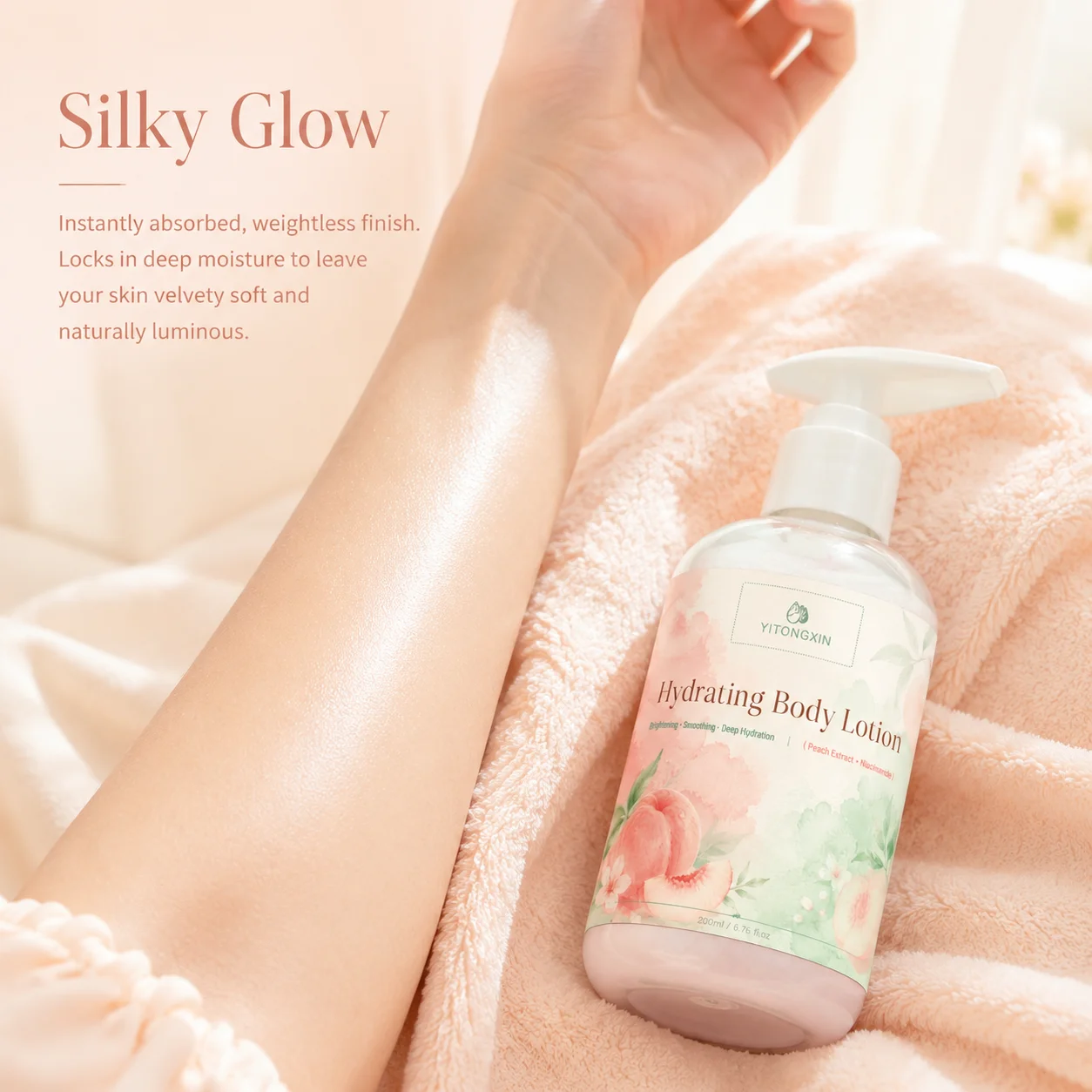 Hydrating Body Lotion with Peach & Niacinamide, Softens Keratin, Brightens, Evens Skin Tone. Daily After-Shower Care, Non-sticky