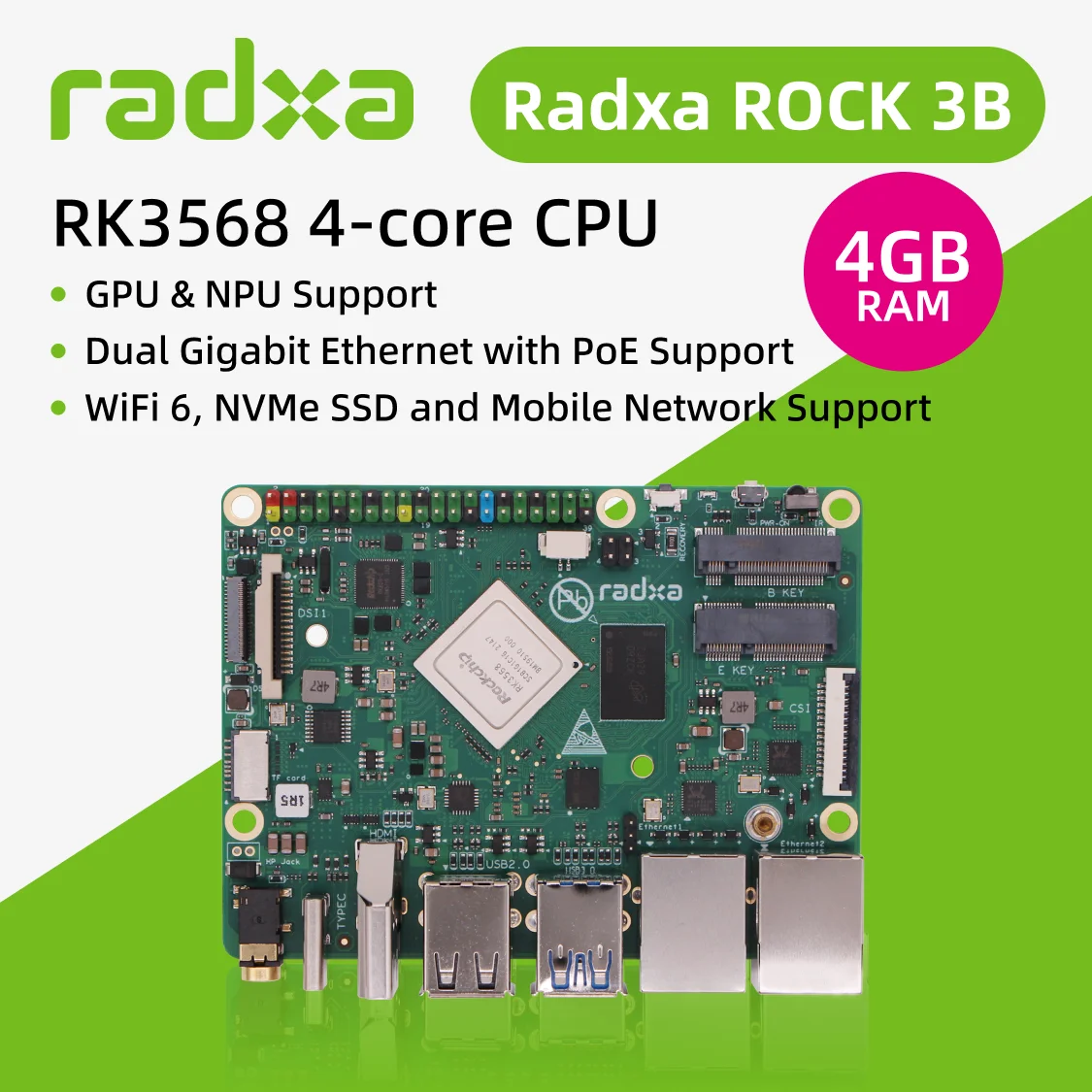 

Radxa ROCK 3B 4GB RK3568J 4-core CPU SBC, Industrial Grade, and HDMI with 4K Output,Radxa ROCK 3B RK3568 4-core CPU SBC,