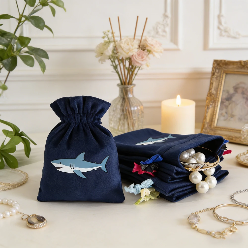 

50pcs/lot Dark Blue Gift Bags Fashion Soft Velvet Drawstring Bag for Jewelry Reusable Pouches Custom Logo Ribbin Drawstring Gift