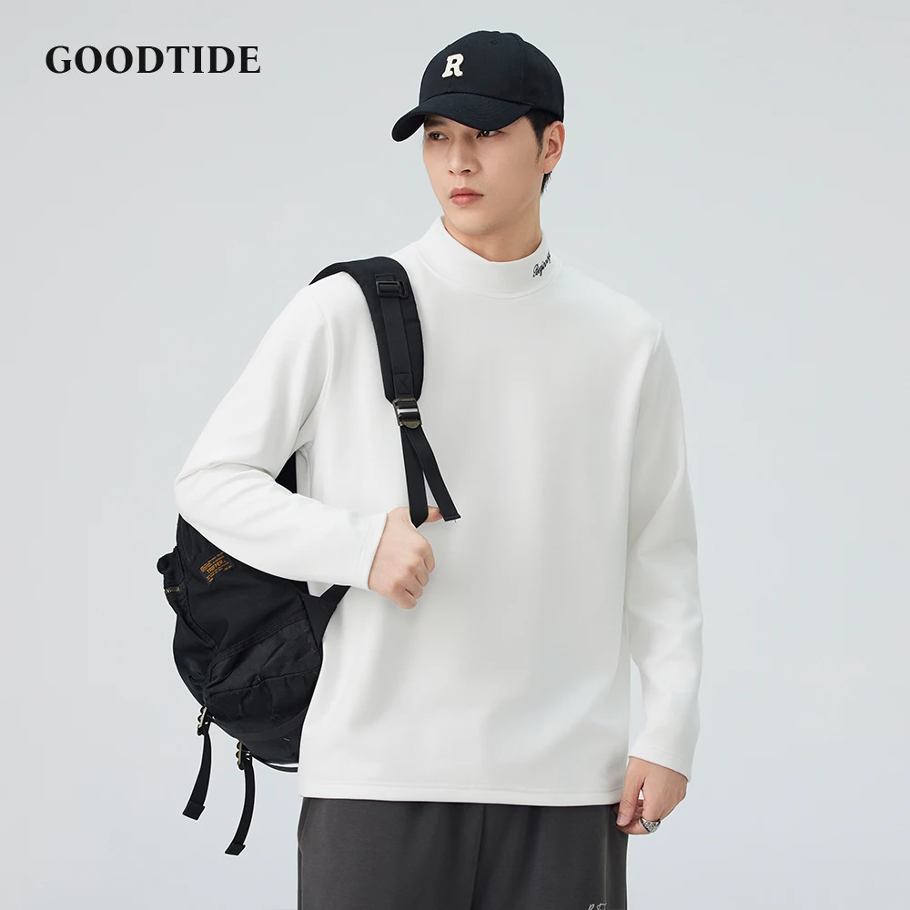 Fashion Men's Casual Mock Neck Long Sleeve T - Shirt 2025 Winter New Embroidered Logo Detail at Collar Loose Fit Comfortable Top