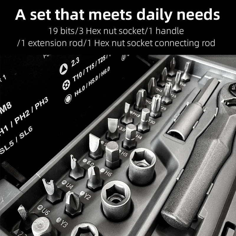 25-in-1 handmatige ratelschroevendraaierset, handgreep van aluminiumlegering, schroevendraaierbits van chroom-vanadiumstaal, voor thuis- en werkgebruik
