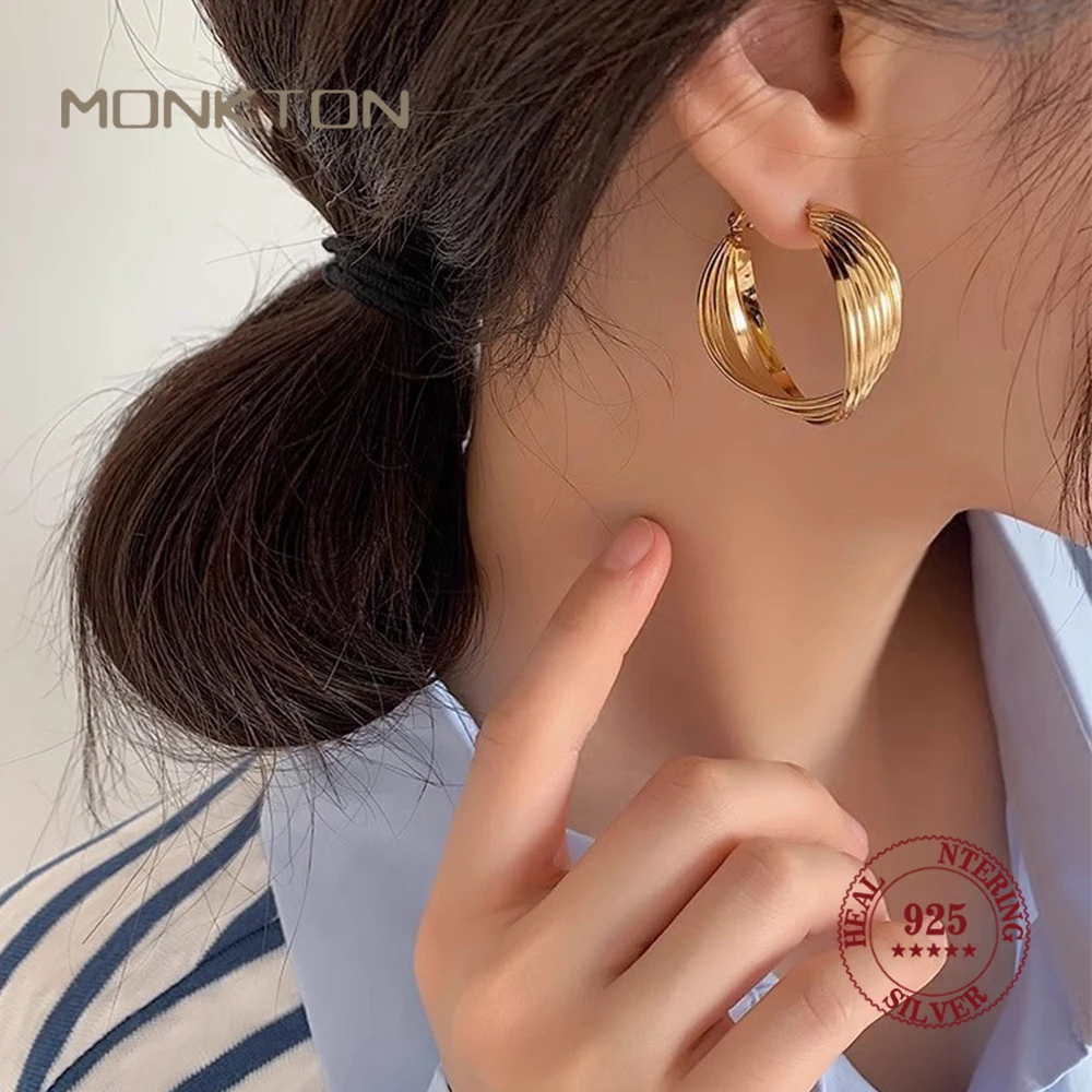 

Monkton, новинка, хит продаж, модные витые серьги из стерлингового серебра 925 пробы для женщин, серьги-кольца золотого цвета, ювелирные аксессуары, подарки