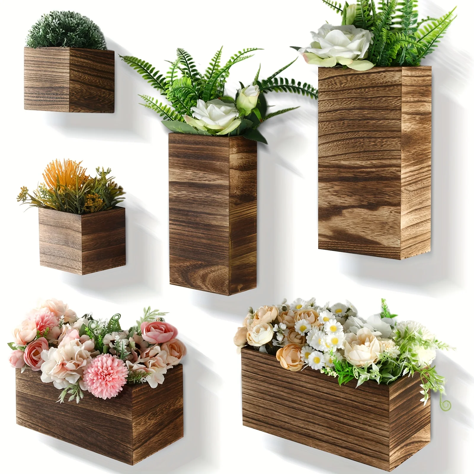 

6 Pack Rustic Wood Wall Planters - Rectangular Striped Pocket Vases for Indoor/Outdoor Use, Farmhouse Hanging Decor with Easy Installation, Durable Wooden Planters for Dried Flowers, Faux Greenery & Succulents, Indoor Outdoor Decor