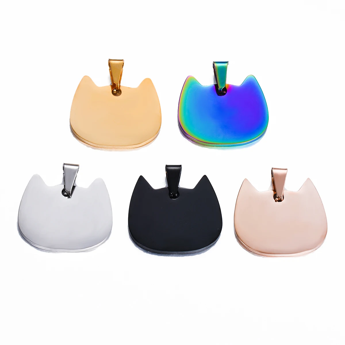 5pcs 5 colors High Quality Stainless Steel  lovely Cat Head Shape Pendant ID Necklace Unisex without chain double side polish